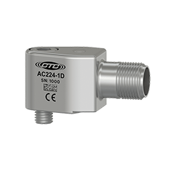 A render of a CTC AC224 stainless steel, miniature size, side exit industrial vibration monitoring sensor.